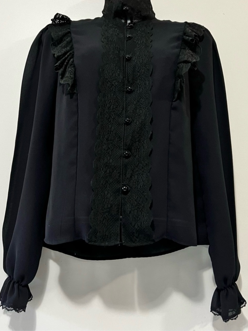 Vintage Club Prive Blouse Size Small Sheer Black Ruffled Lace Whimsigoth Blouse - Picture 8 of 9